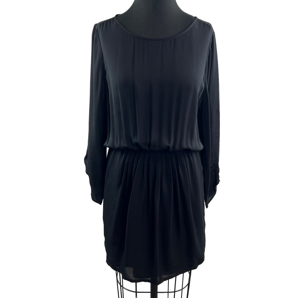 JOIE Black Silk Blouson Drop Mini Dress Long Sleeves Round Neck Size M Medium